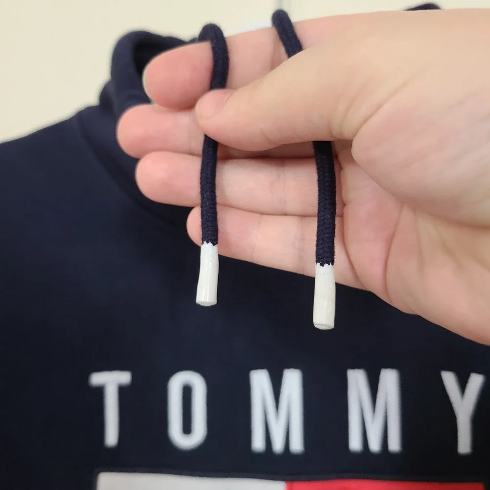 Tommy Hilfiger Hoodie Sweatshirt Womens L Navy Blue Y2K Spell Out Colorblock Red - Picture 4 of 8